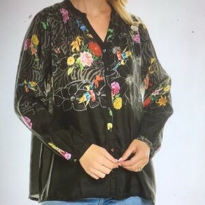 Johnny Was Zippy Tate Gorgeous Black Floral Silk Blouse